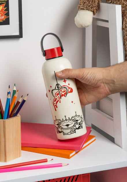 Botella de agua de metal Pizza Planet de PALADONE con asa de transporte